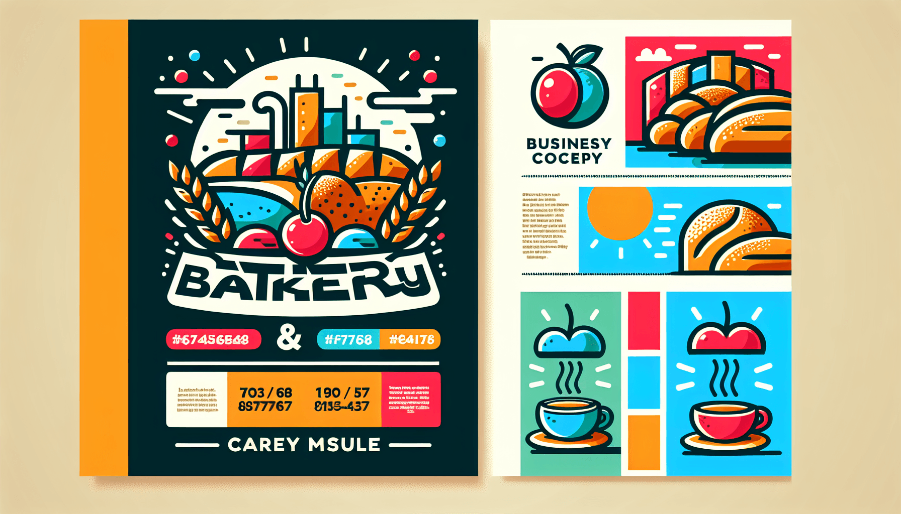Panera Bread Business Advertising in flat illustration style and white background, red #f47574, green #88c7a8, yellow #fcc44b, and blue #645bc8 colors.