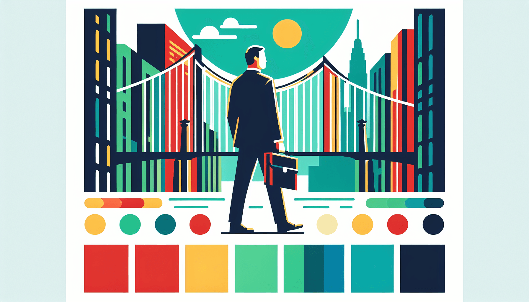 Broker -> Bridge in flat illustration style and white background, red #f47574, green #88c7a8, yellow #fcc44b, and blue #645bc8 colors.