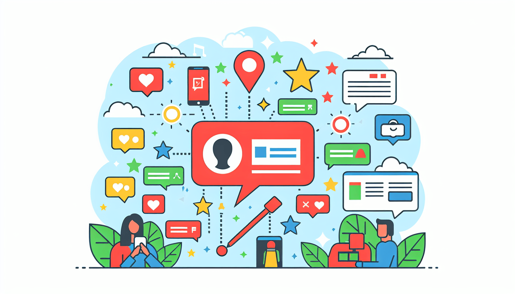 Influencer marketing -> Social media in flat illustration style and white background, red #f47574, green #88c7a8, yellow #fcc44b, and blue #645bc8 colors.