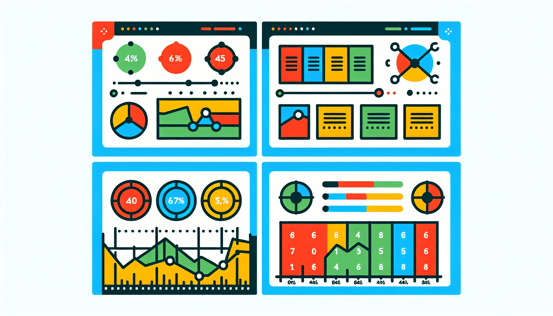 Analytics dashboard in flat illustration style and white background, red #f47574, green #88c7a8, yellow #fcc44b, and blue #645bc8 colors.