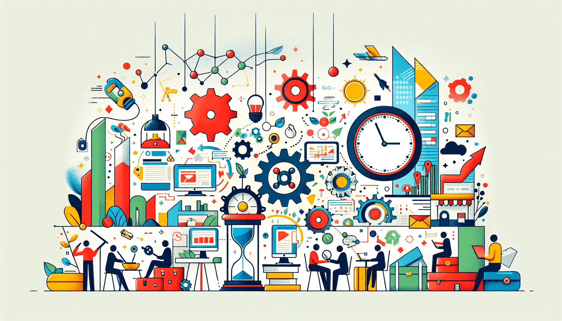 Digital transformation -> Revolution in flat illustration style and white background, red #f47574, green #88c7a8, yellow #fcc44b, and blue #645bc8 colors.