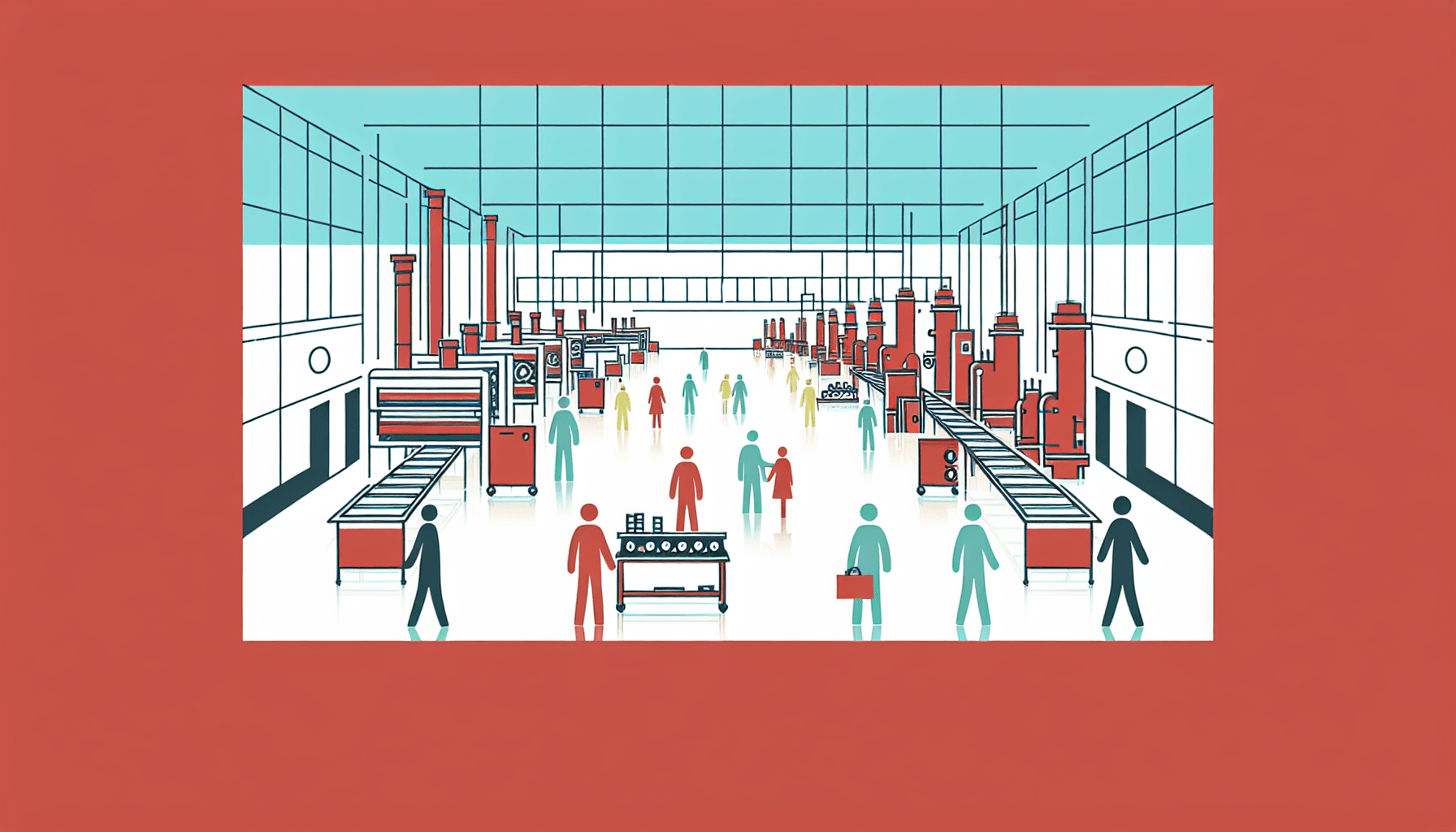 Operations Management -> Factory floor in flat illustration style and white background, red #f47574, green #88c7a8, yellow #fcc44b, and blue #645bc8 colors.