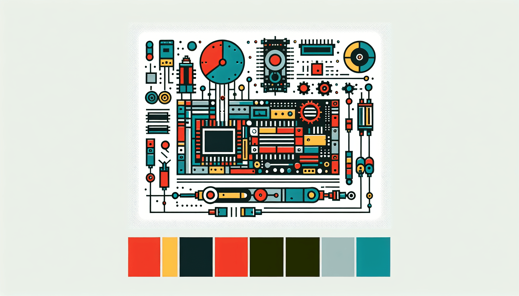 Robotics system in flat illustration style and white background, red #f47574, green #88c7a8, yellow #fcc44b, and blue #645bc8 colors.