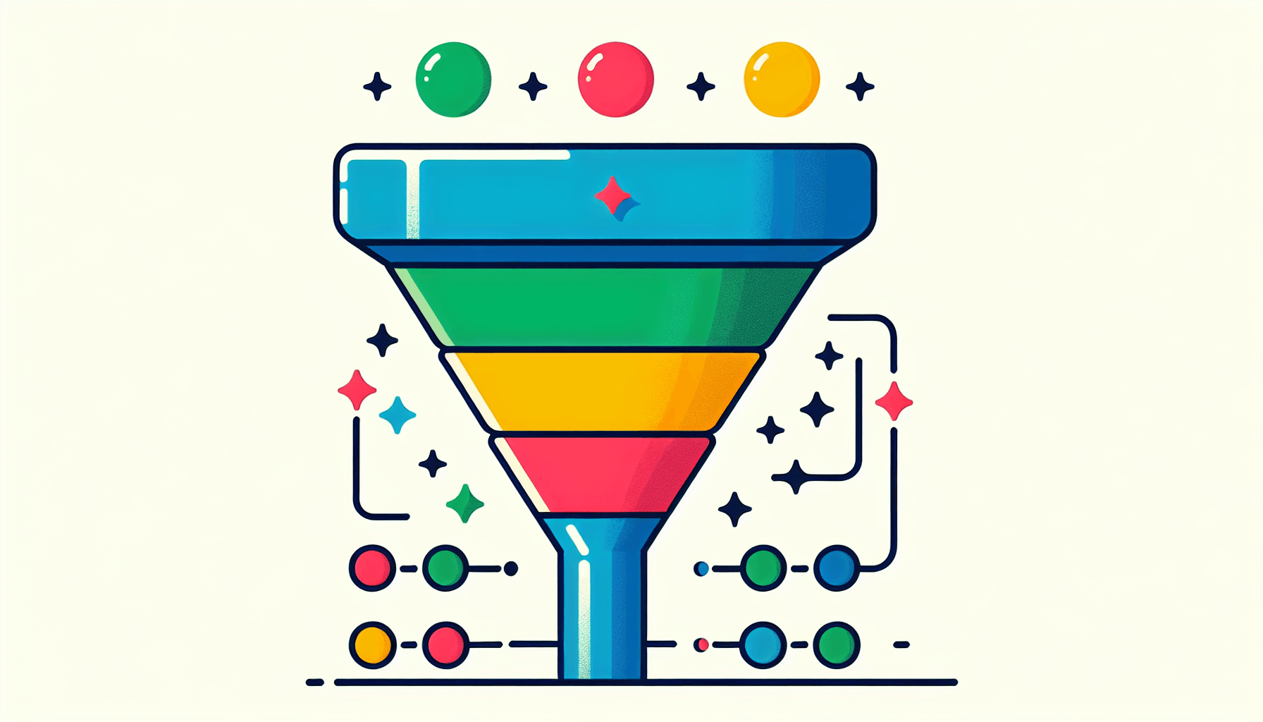 Funnel in flat illustration style and white background, red #f47574, green #88c7a8, yellow #fcc44b, and blue #645bc8 colors.