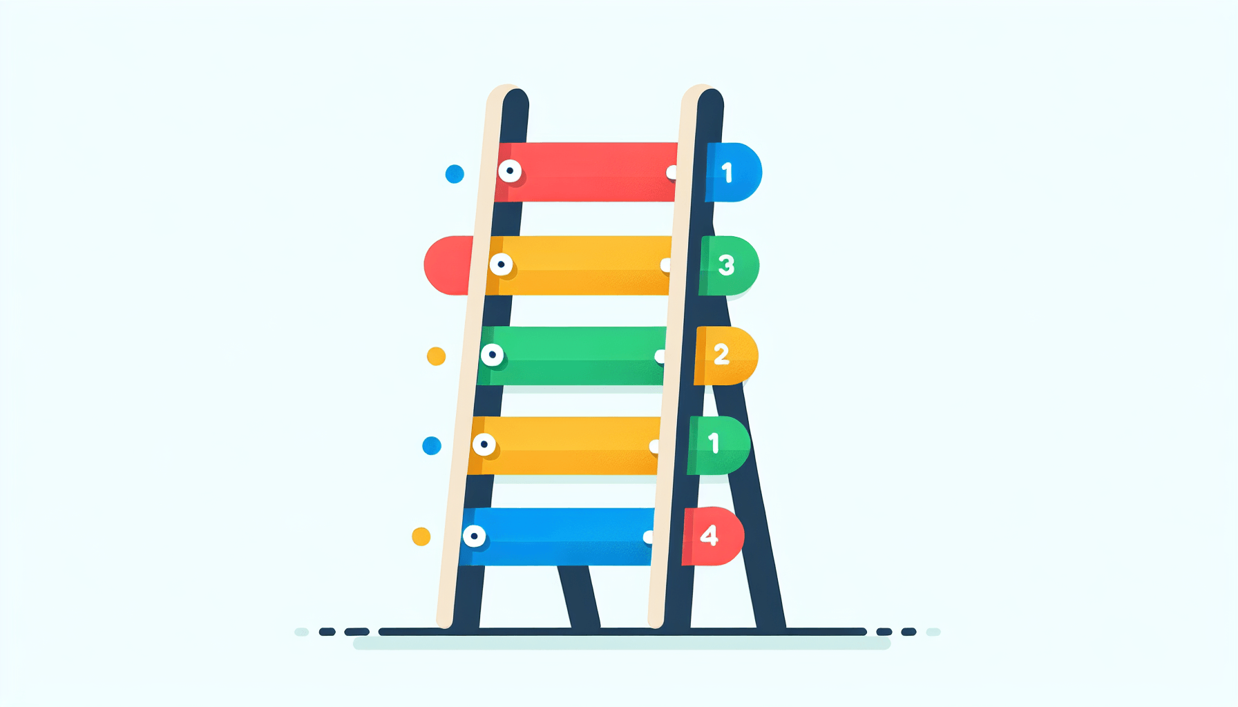steps of marketing strategy -> Ladder in flat illustration style and white background, red #f47574, green #88c7a8, yellow #fcc44b, and blue #645bc8 colors.