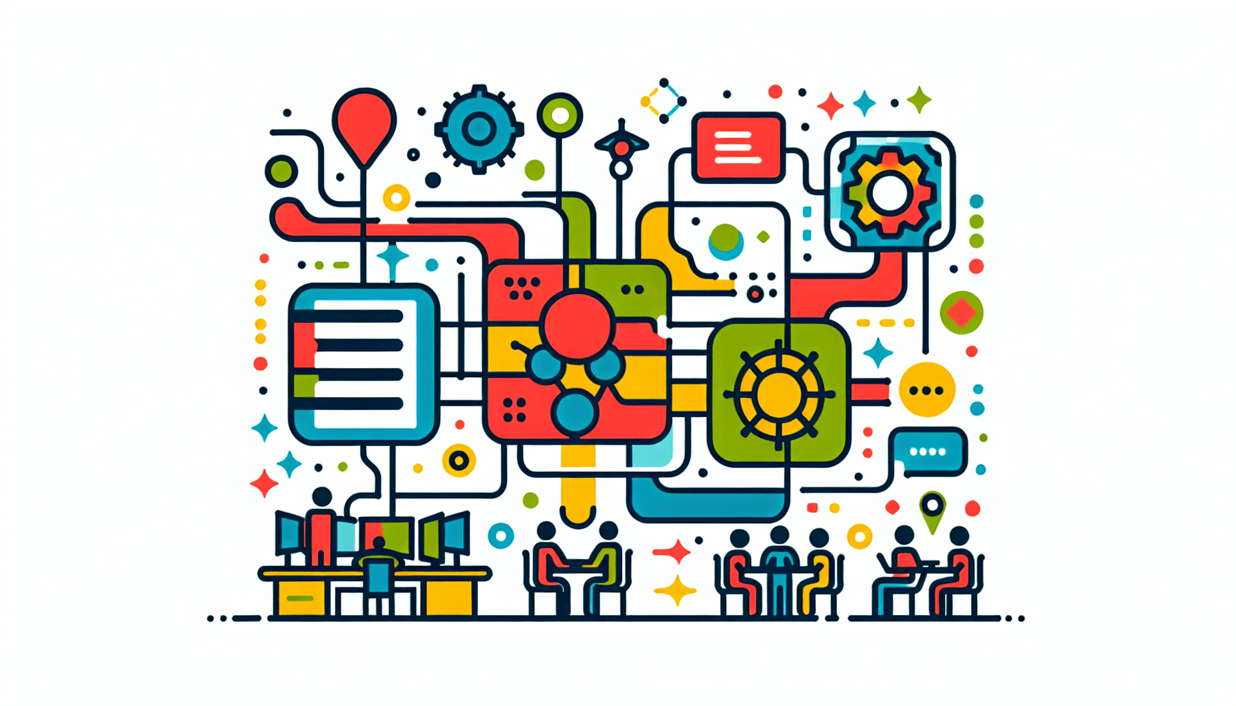 Software platform in flat illustration style and white background, red #f47574, green #88c7a8, yellow #fcc44b, and blue #645bc8 colors.