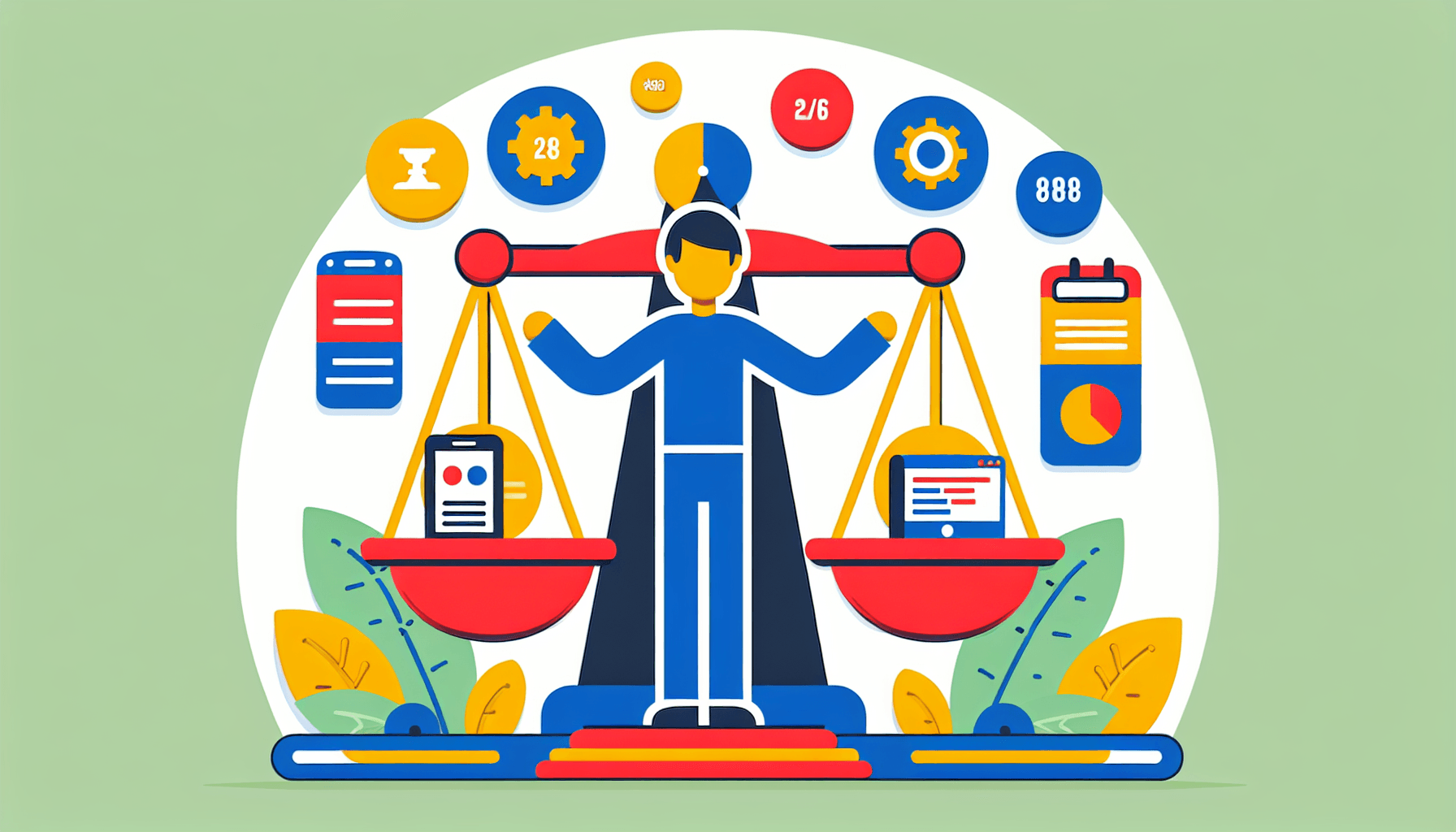 Conversion Rate Optimization -> Scale in flat illustration style and white background, red #f47574, green #88c7a8, yellow #fcc44b, and blue #645bc8 colors.
