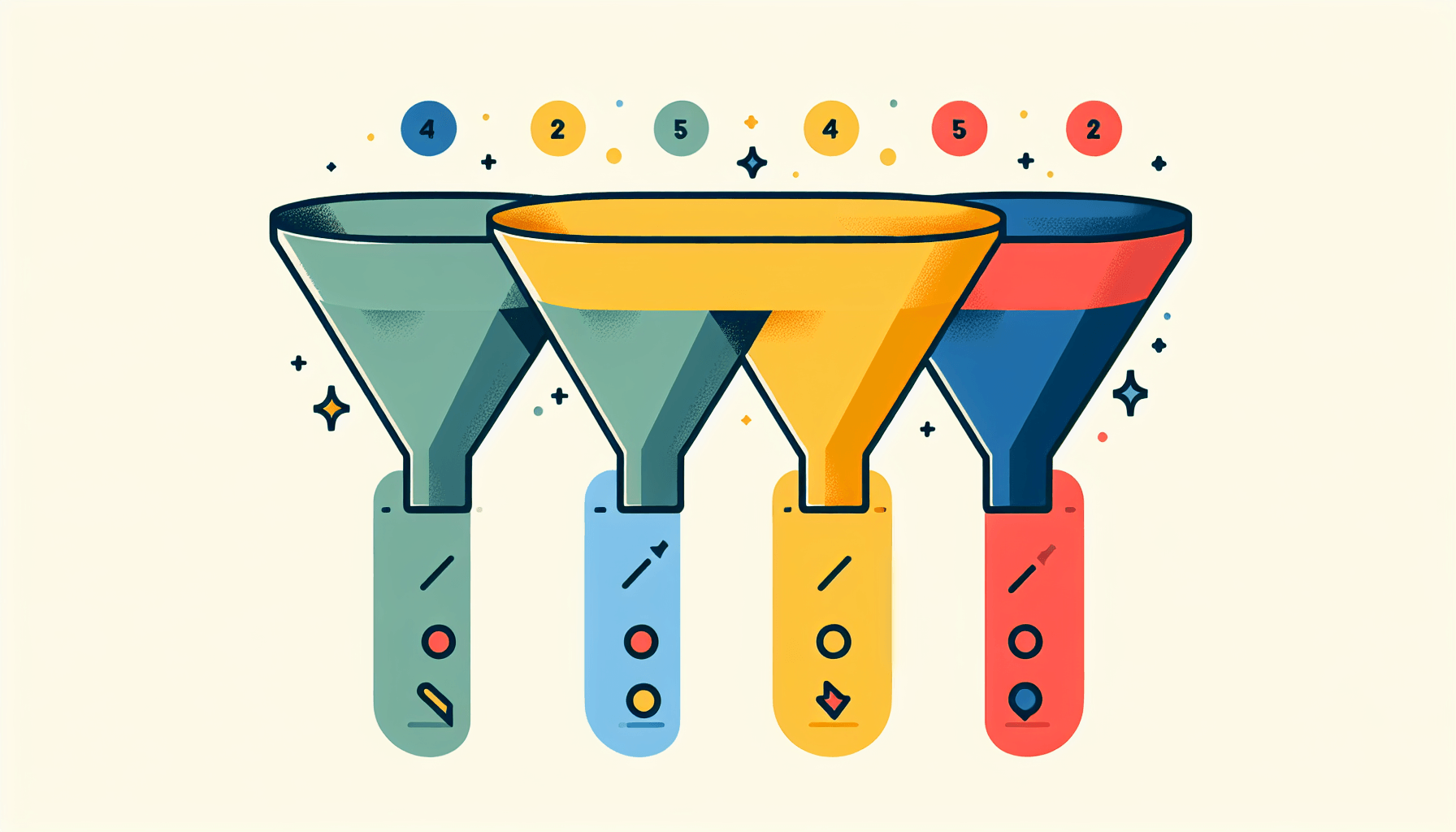 Business markets -> Sales funnel in flat illustration style and white background, red #f47574, green #88c7a8, yellow #fcc44b, and blue #645bc8 colors.