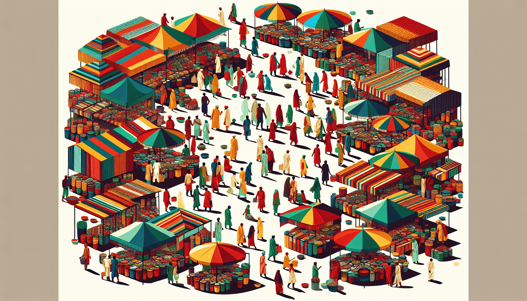 Market buzz in flat illustration style and white background, red #f47574, green #88c7a8, yellow #fcc44b, and blue #645bc8 colors.