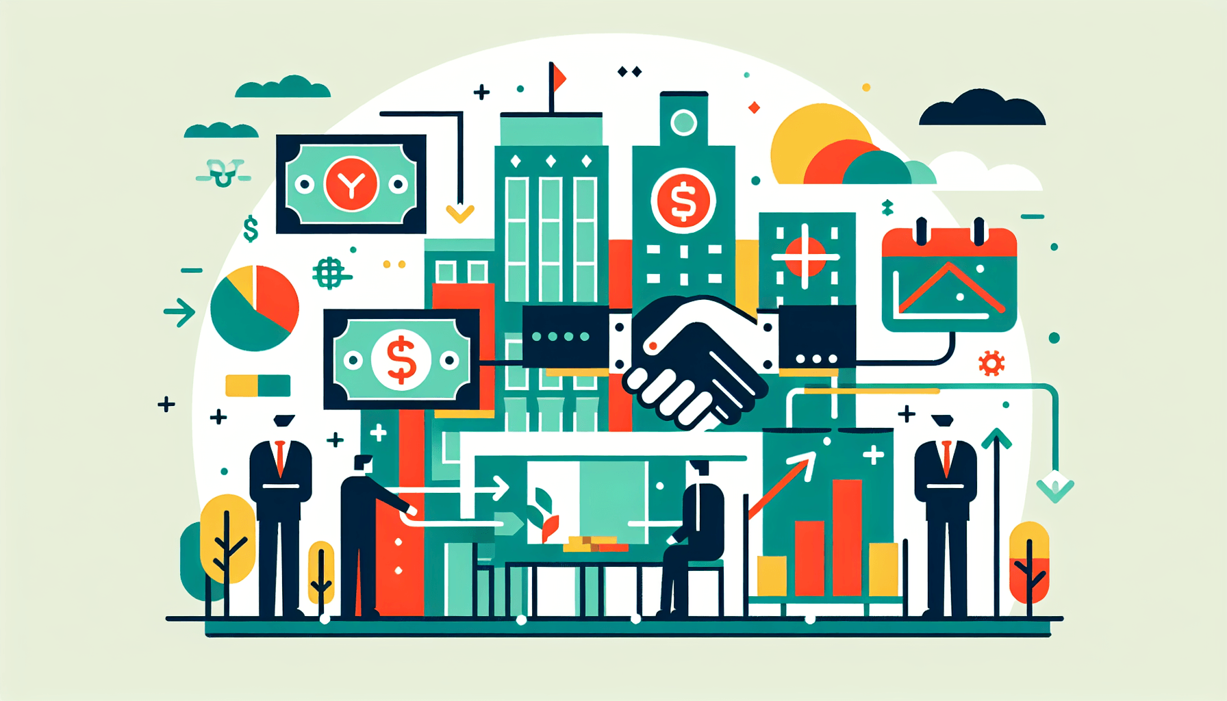Corporate buyouts in flat illustration style and white background, red #f47574, green #88c7a8, yellow #fcc44b, and blue #645bc8 colors.