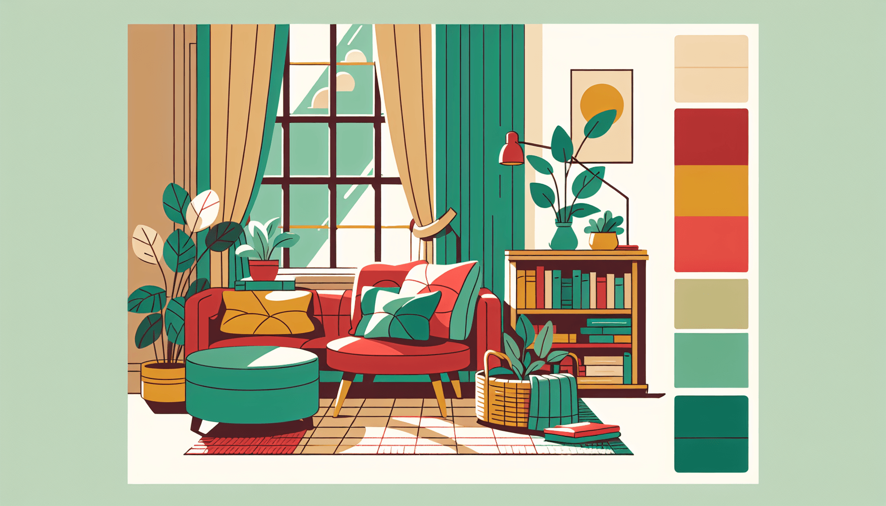 Home based -> Cozy nook in flat illustration style and white background, red #f47574, green #88c7a8, yellow #fcc44b, and blue #645bc8 colors.