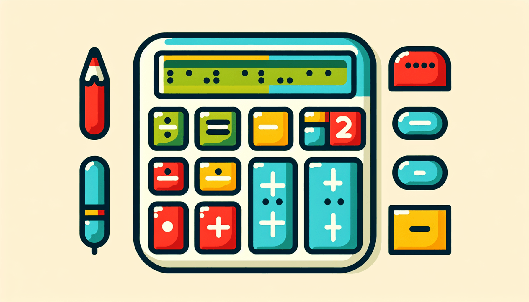 Profitability -> Calculator in flat illustration style and white background, red #f47574, green #88c7a8, yellow #fcc44b, and blue #645bc8 colors.