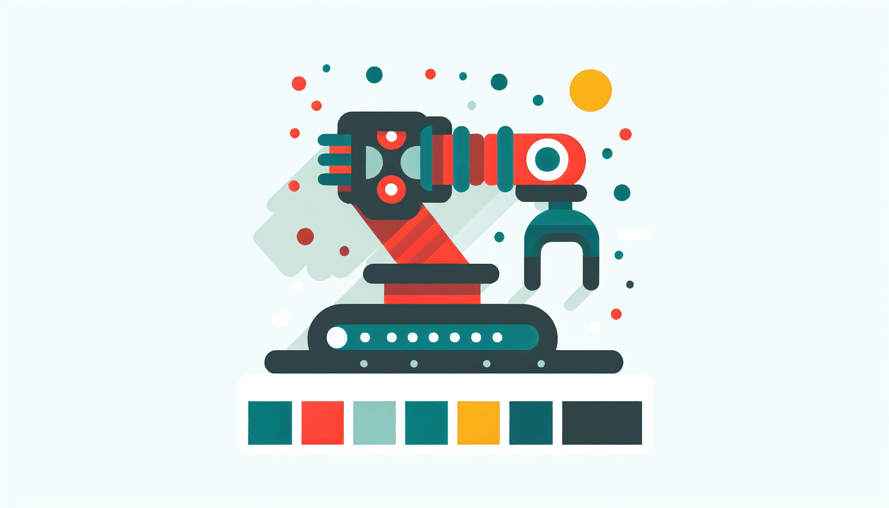 Robot arm in flat illustration style and white background, red #f47574, green #88c7a8, yellow #fcc44b, and blue #645bc8 colors.