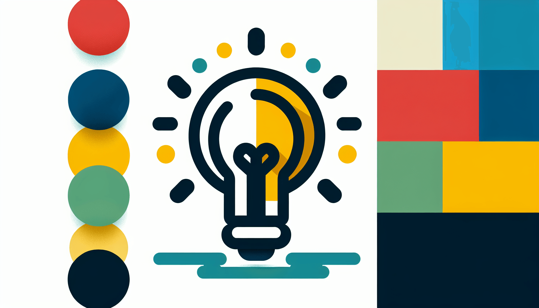 Light bulb in flat illustration style and white background, red #f47574, green #88c7a8, yellow #fcc44b, and blue #645bc8 colors.