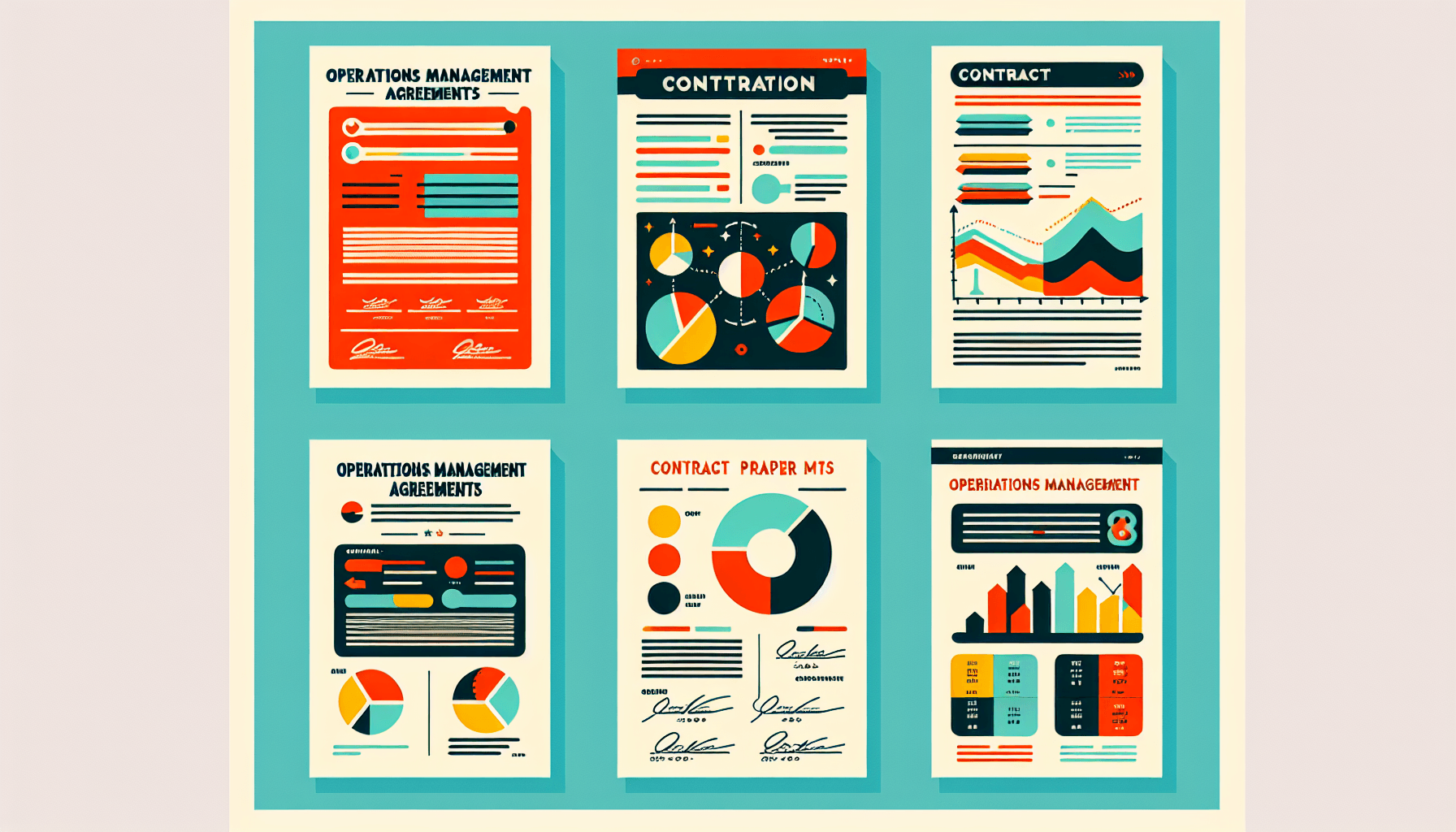 Operations Management Agreements -> Contract papers in flat illustration style and white background, red #f47574, green #88c7a8, yellow #fcc44b, and blue #645bc8 colors.