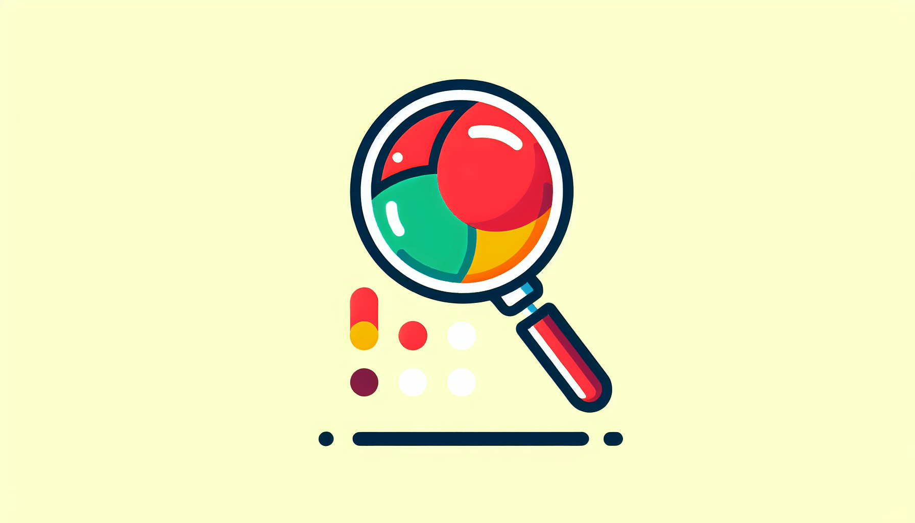 Magnifying glass in flat illustration style and white background, red #f47574, green #88c7a8, yellow #fcc44b, and blue #645bc8 colors.