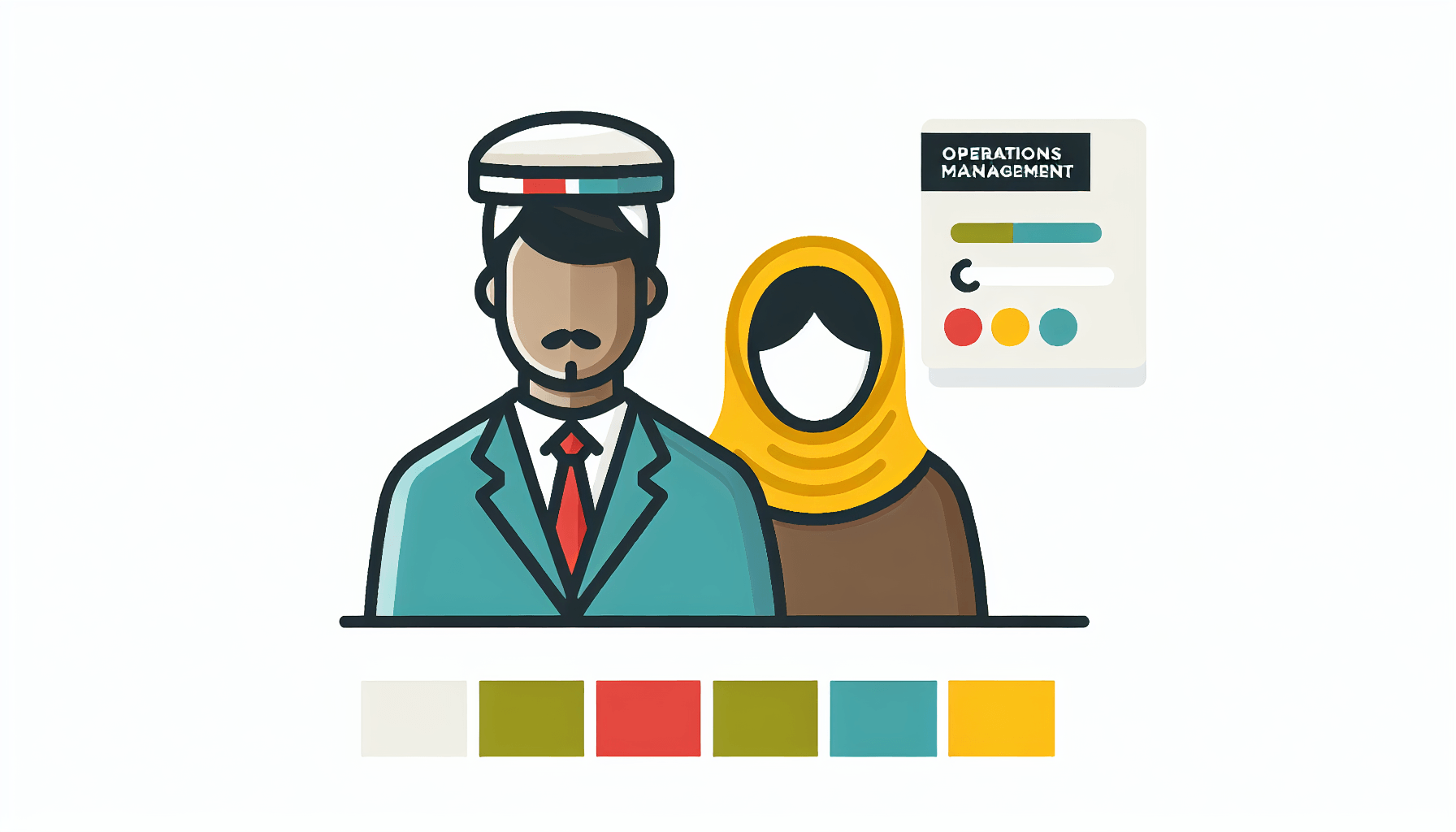 Operations Management role -> Team leader in flat illustration style and white background, red #f47574, green #88c7a8, yellow #fcc44b, and blue #645bc8 colors.