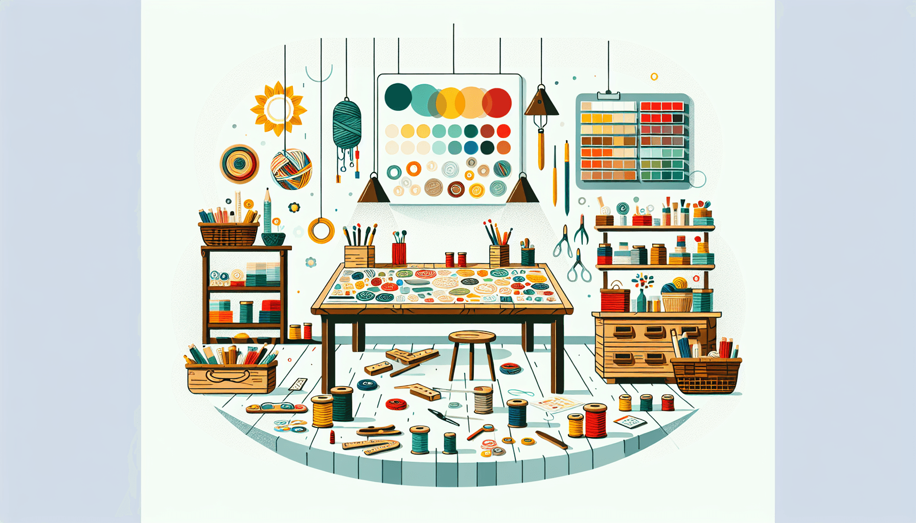 Handmade -> Craft workshop in flat illustration style and white background, red #f47574, green #88c7a8, yellow #fcc44b, and blue #645bc8 colors.