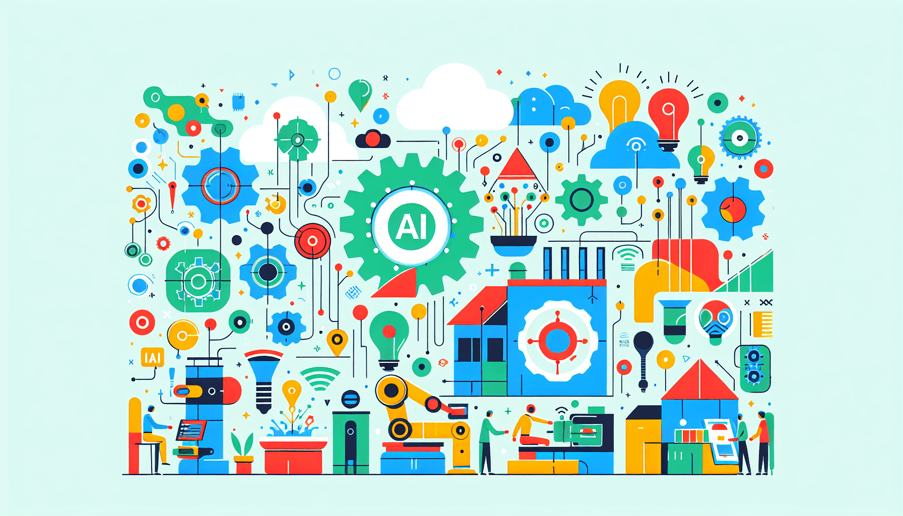 AI Automation Adoption in flat illustration style and white background, red #f47574, green #88c7a8, yellow #fcc44b, and blue #645bc8 colors.