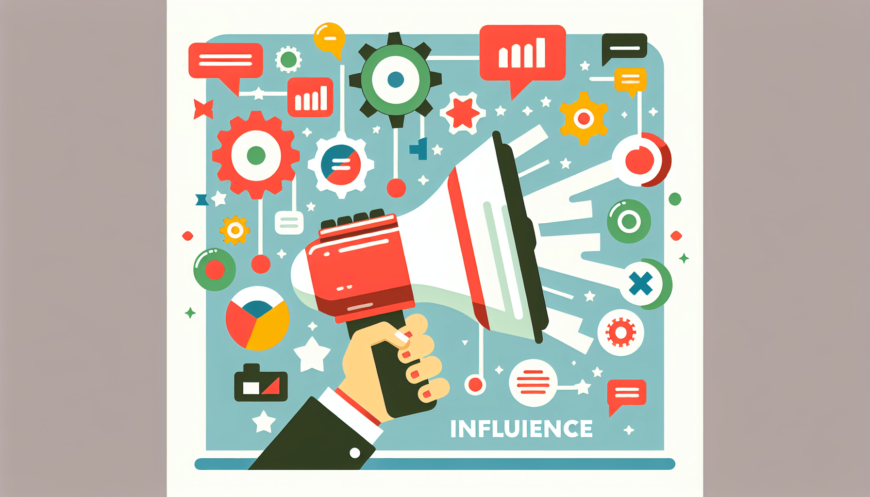 Influencer Marketing -> Megaphone in flat illustration style and white background, red #f47574, green #88c7a8, yellow #fcc44b, and blue #645bc8 colors.