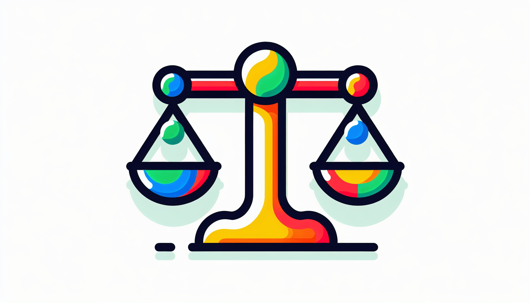 Balance scale in flat illustration style and white background, red #f47574, green #88c7a8, yellow #fcc44b, and blue #645bc8 colors.