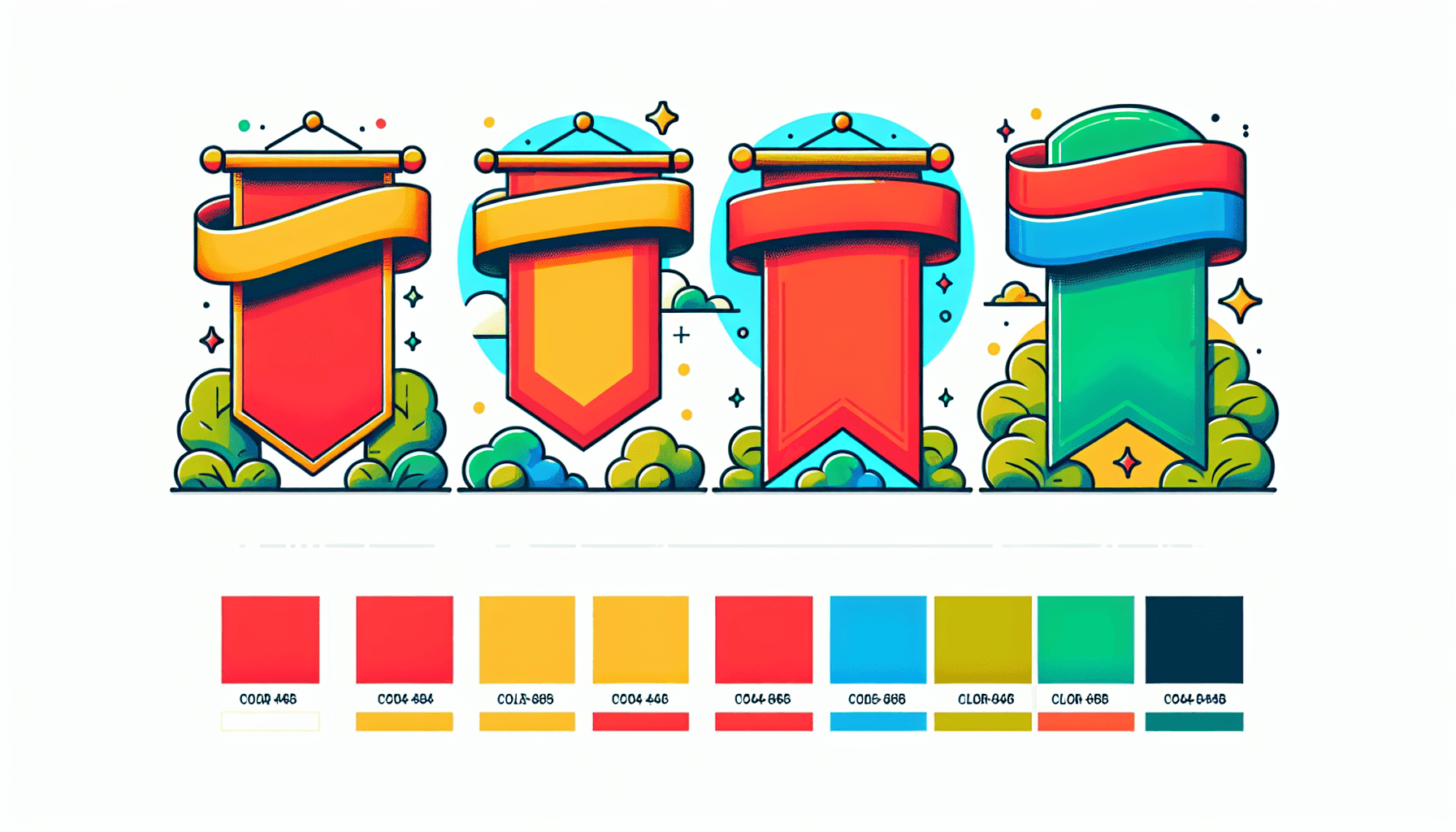 Banners in flat illustration style and white background, red #f47574, green #88c7a8, yellow #fcc44b, and blue #645bc8 colors.