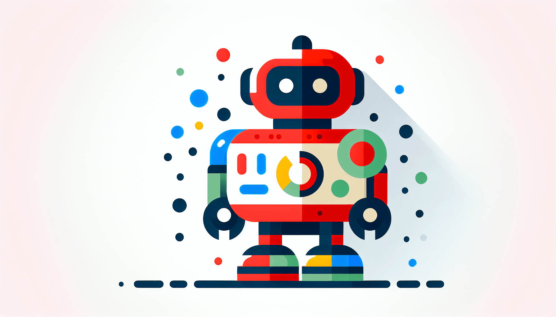 AI Automation Agents -> Assistant bot in flat illustration style and white background, red #f47574, green #88c7a8, yellow #fcc44b, and blue #645bc8 colors.