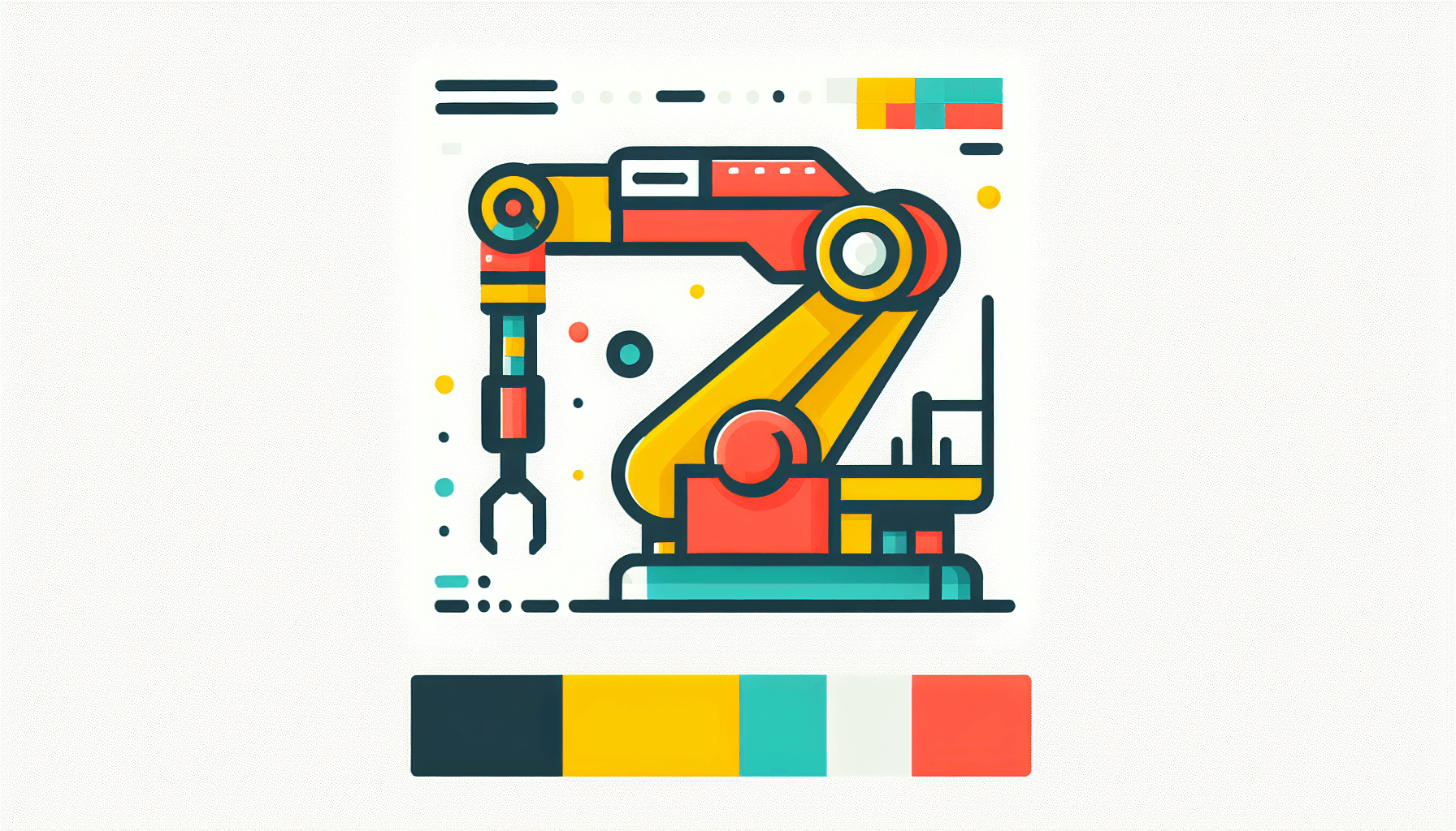 AI Automation -> Robot arm in flat illustration style and white background, red #f47574, green #88c7a8, yellow #fcc44b, and blue #645bc8 colors.