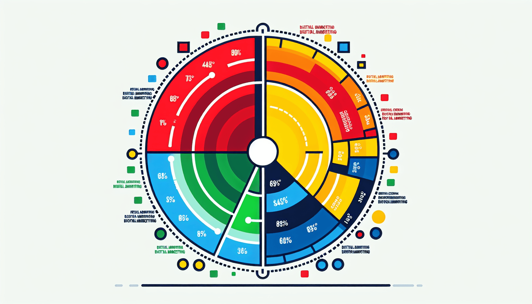 Types of digital marketing -> Spectrum in flat illustration style and white background, red #f47574, green #88c7a8, yellow #fcc44b, and blue #645bc8 colors.