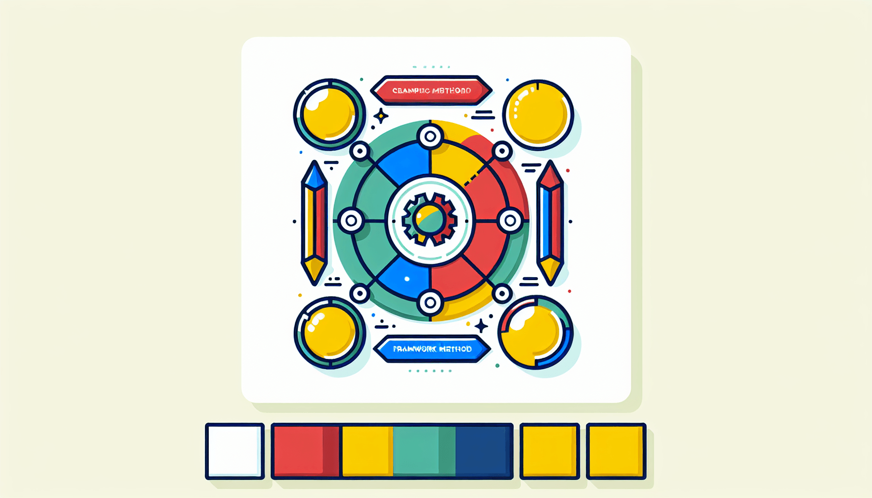 Method framework in flat illustration style and white background, red #f47574, green #88c7a8, yellow #fcc44b, and blue #645bc8 colors.
