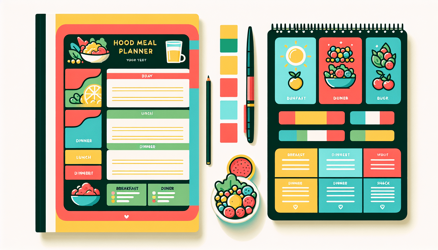 Meal planner in flat illustration style and white background, red #f47574, green #88c7a8, yellow #fcc44b, and blue #645bc8 colors.