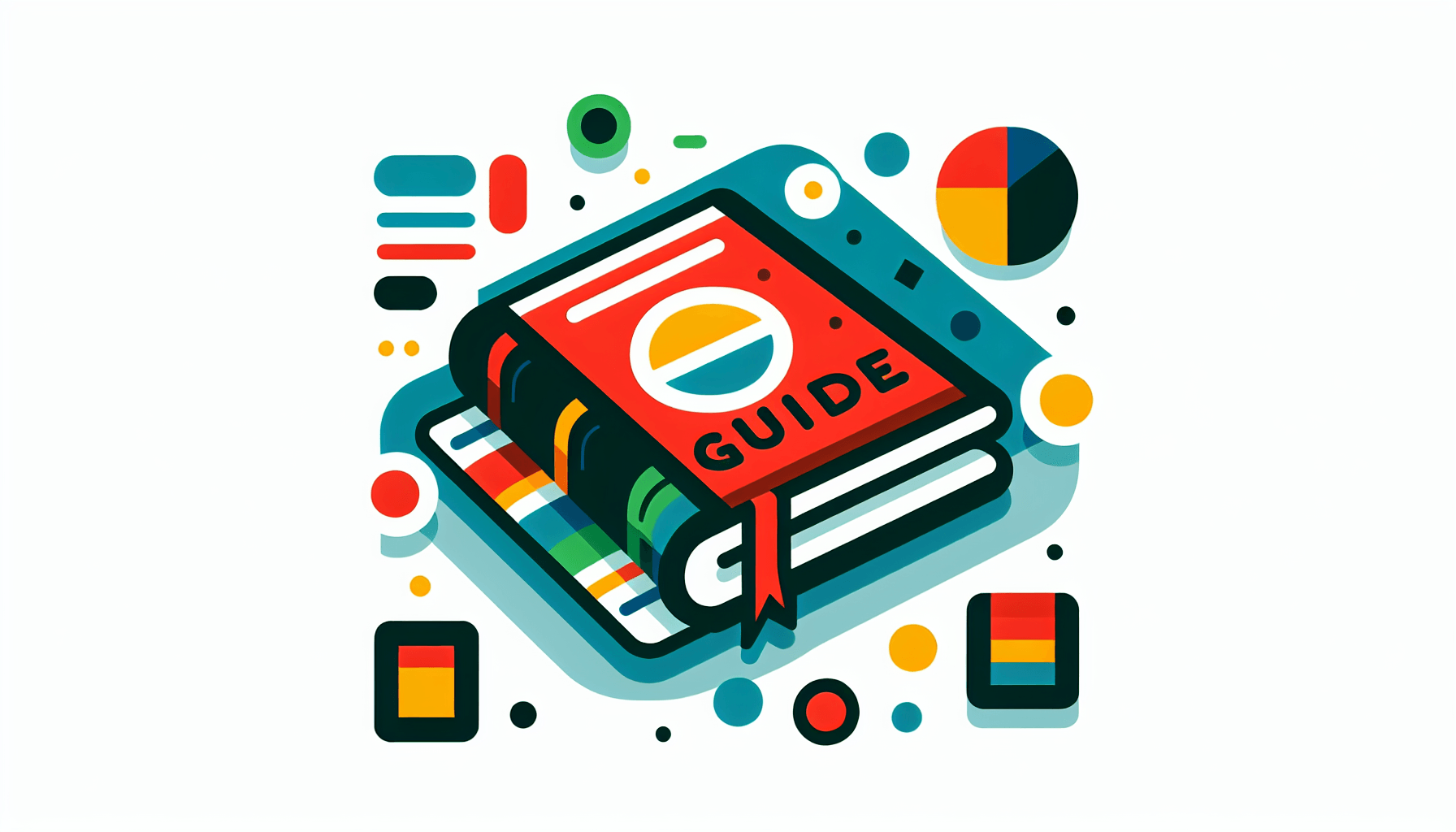 Guidebook in flat illustration style and white background, red #f47574, green #88c7a8, yellow #fcc44b, and blue #645bc8 colors.