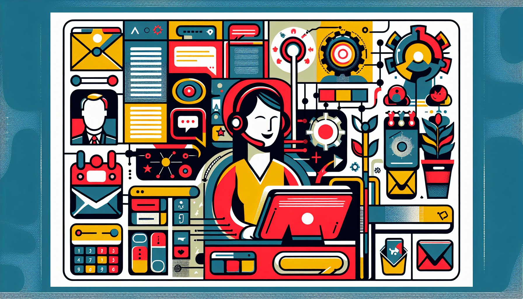 Virtual assistant in flat illustration style and white background, red #f47574, green #88c7a8, yellow #fcc44b, and blue #645bc8 colors.