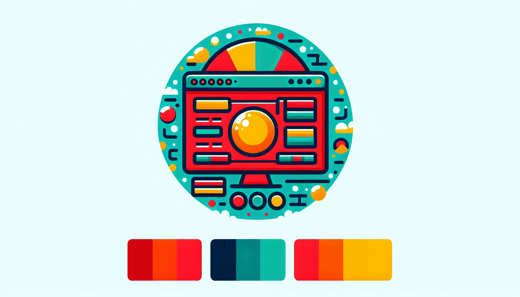Software in flat illustration style and white background, red #f47574, green #88c7a8, yellow #fcc44b, and blue #645bc8 colors.