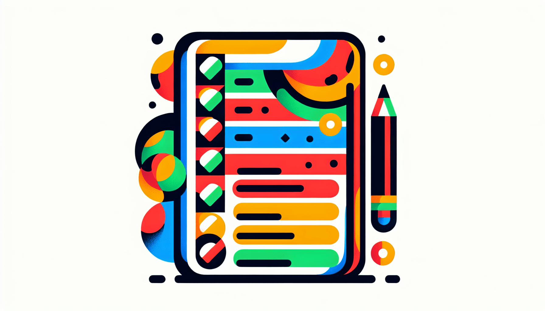 Checklist in flat illustration style and white background, red #f47574, green #88c7a8, yellow #fcc44b, and blue #645bc8 colors.