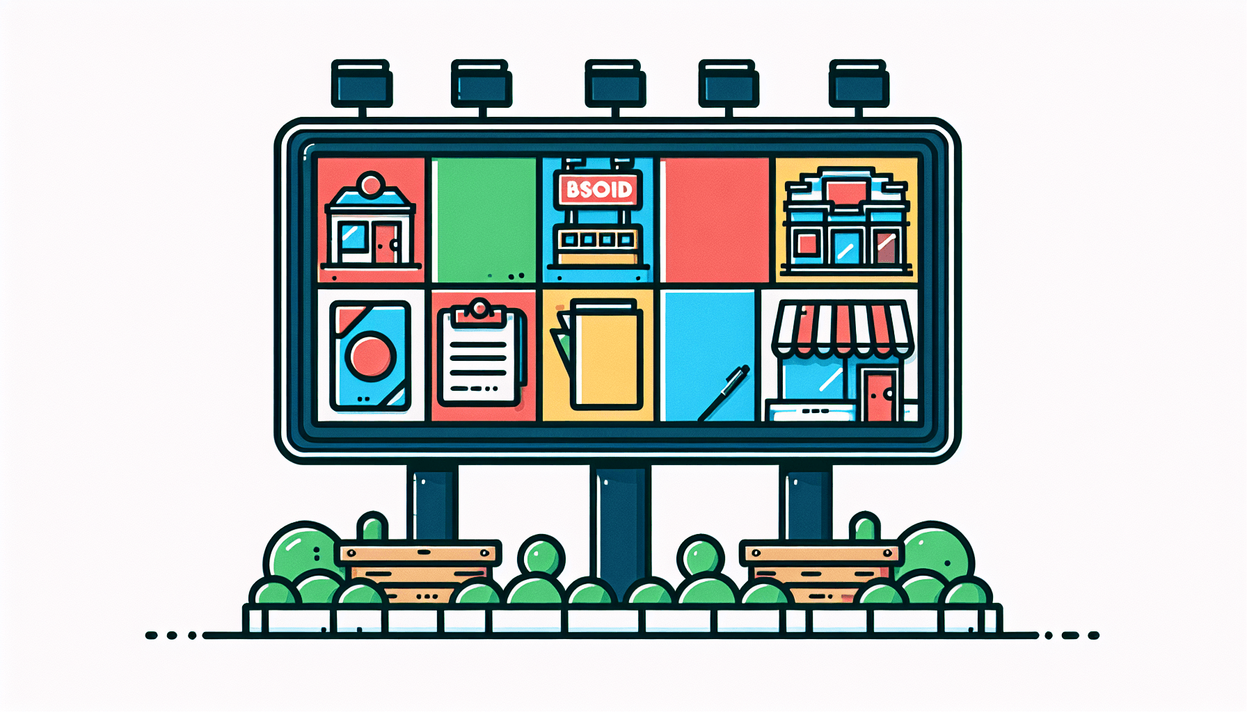 Business advertising -> Billboard in flat illustration style and white background, red #f47574, green #88c7a8, yellow #fcc44b, and blue #645bc8 colors.