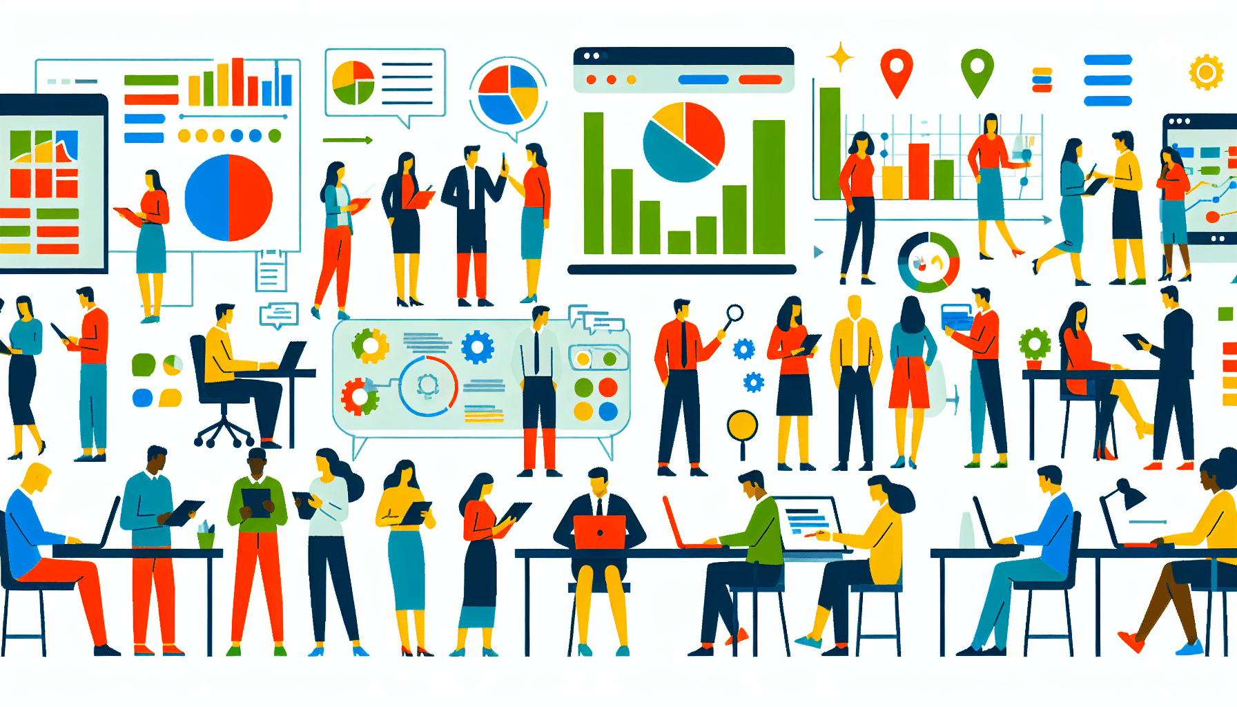 Business markets -> Market research in flat illustration style and white background, red #f47574, green #88c7a8, yellow #fcc44b, and blue #645bc8 colors.