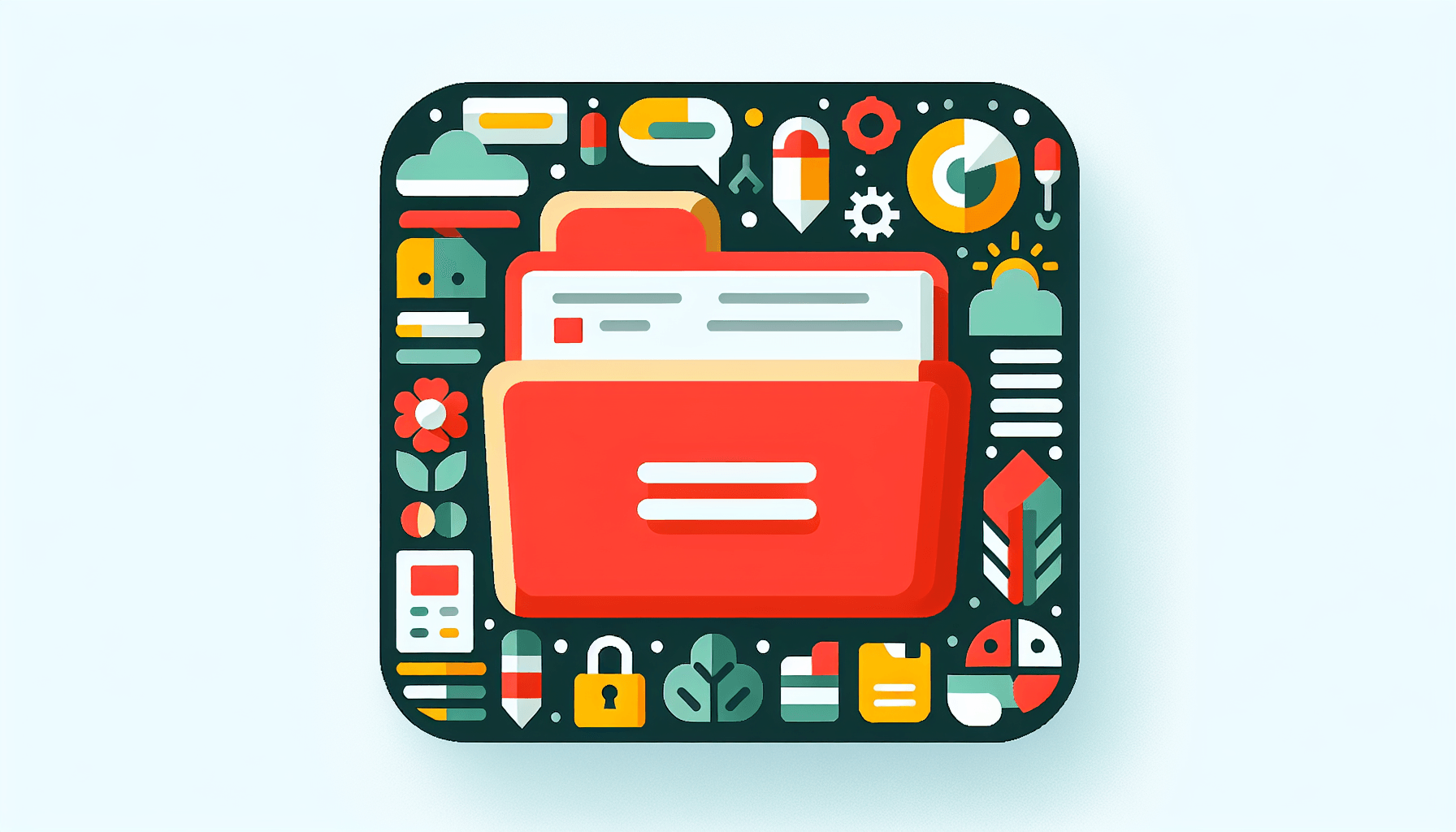 Document folder in flat illustration style and white background, red #f47574, green #88c7a8, yellow #fcc44b, and blue #645bc8 colors.