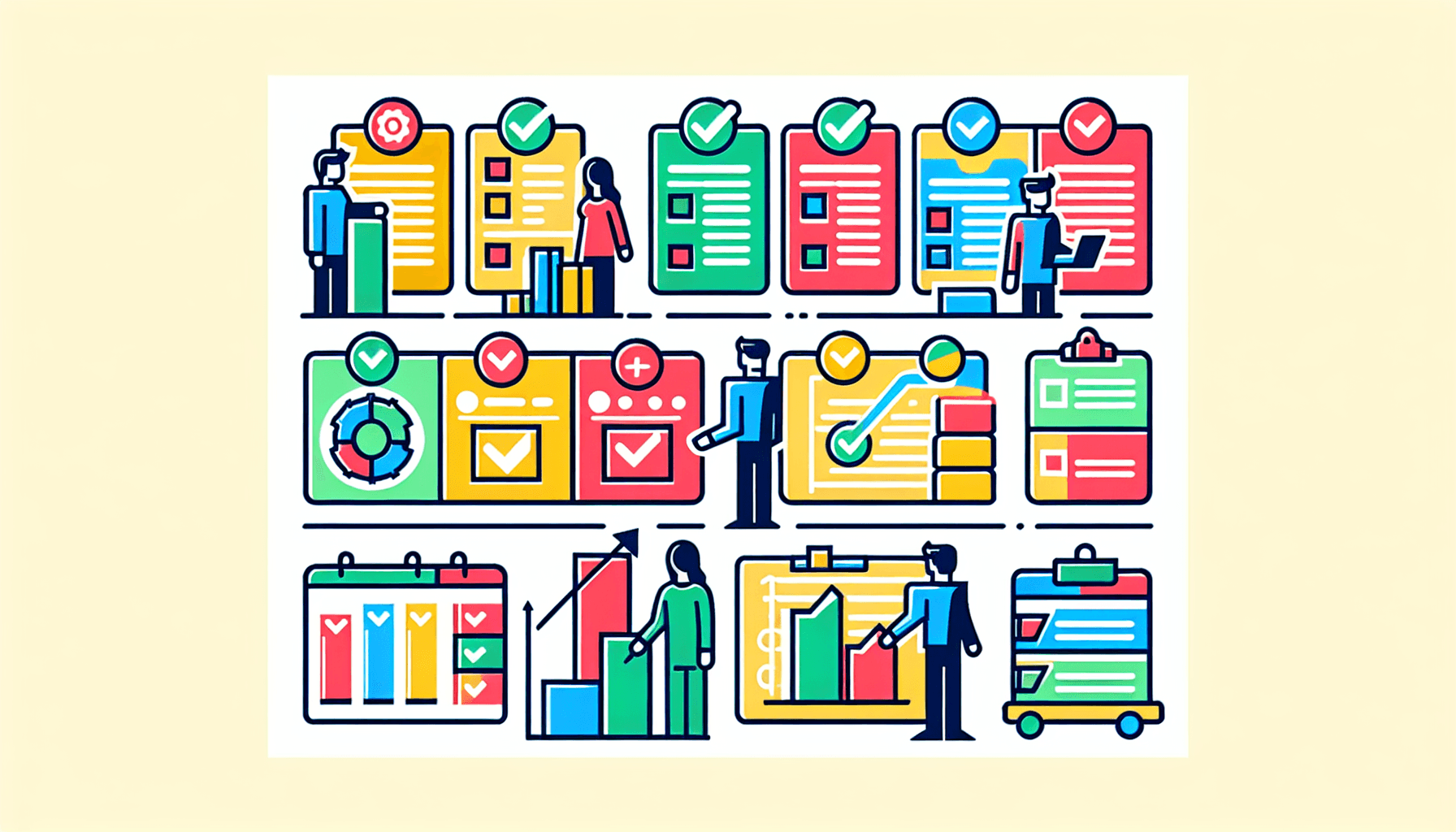 Operations Management Activities -> Task list in flat illustration style and white background, red #f47574, green #88c7a8, yellow #fcc44b, and blue #645bc8 colors.