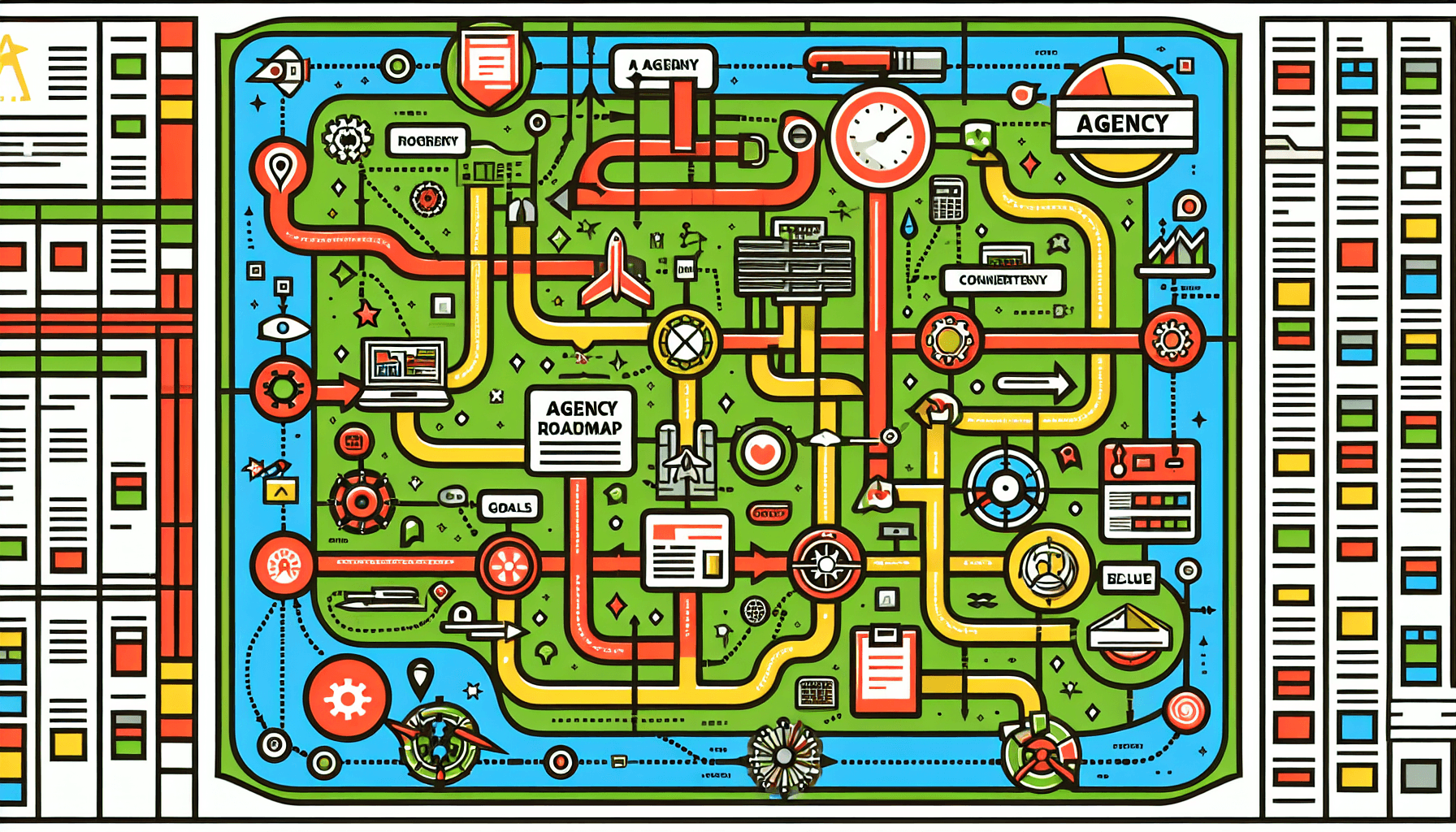 Agency roadmap in flat illustration style and white background, red #f47574, green #88c7a8, yellow #fcc44b, and blue #645bc8 colors.