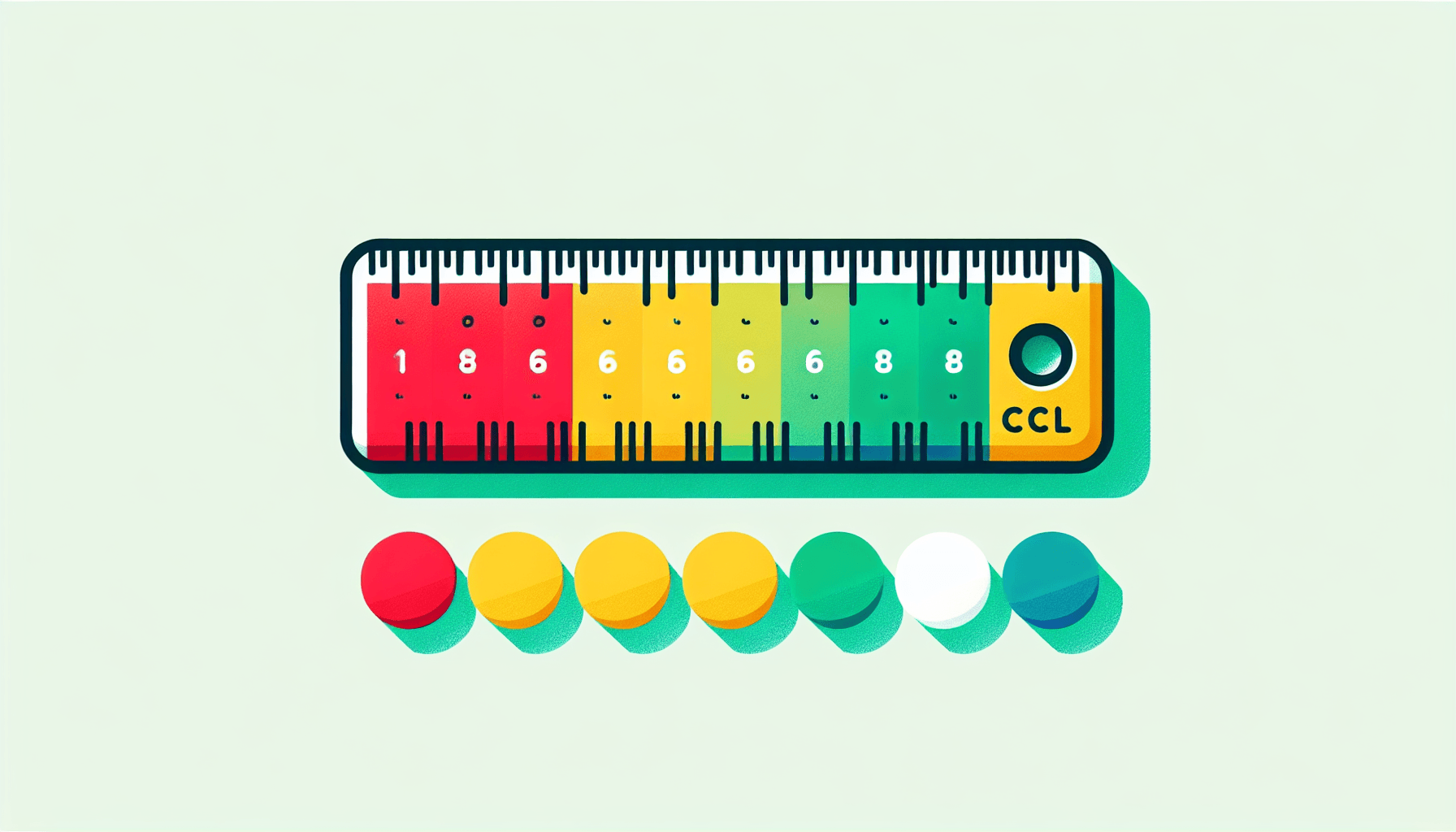 Benchmark ruler in flat illustration style and white background, red #f47574, green #88c7a8, yellow #fcc44b, and blue #645bc8 colors.