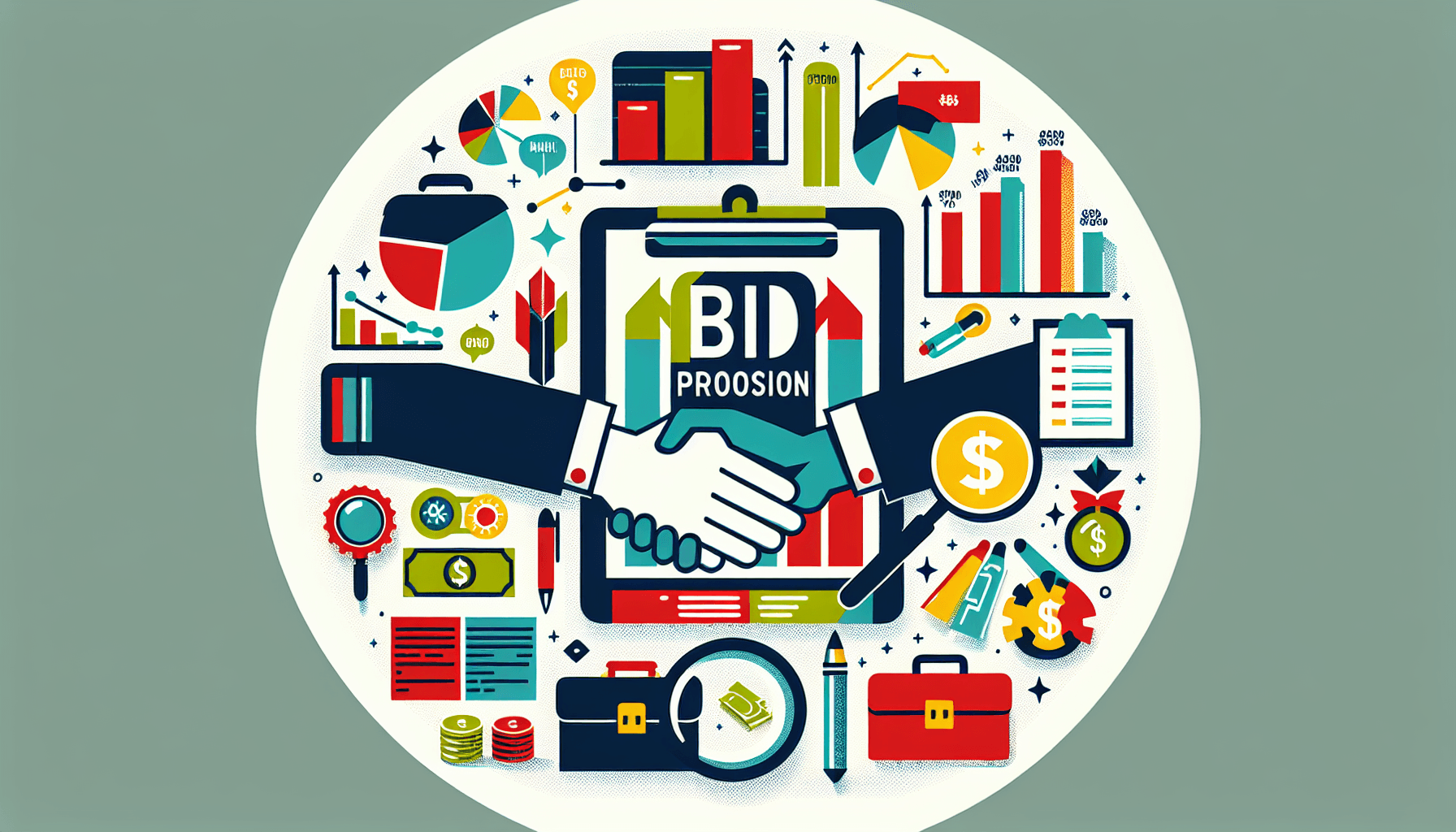 Business markets -> Bid proposal in flat illustration style and white background, red #f47574, green #88c7a8, yellow #fcc44b, and blue #645bc8 colors.