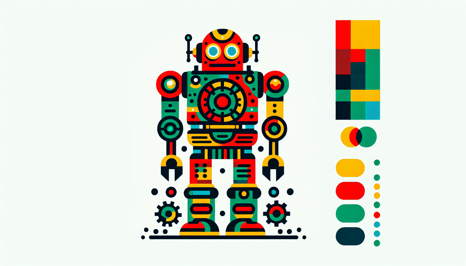 Robot in flat illustration style and white background, red #f47574, green #88c7a8, yellow #fcc44b, and blue #645bc8 colors.