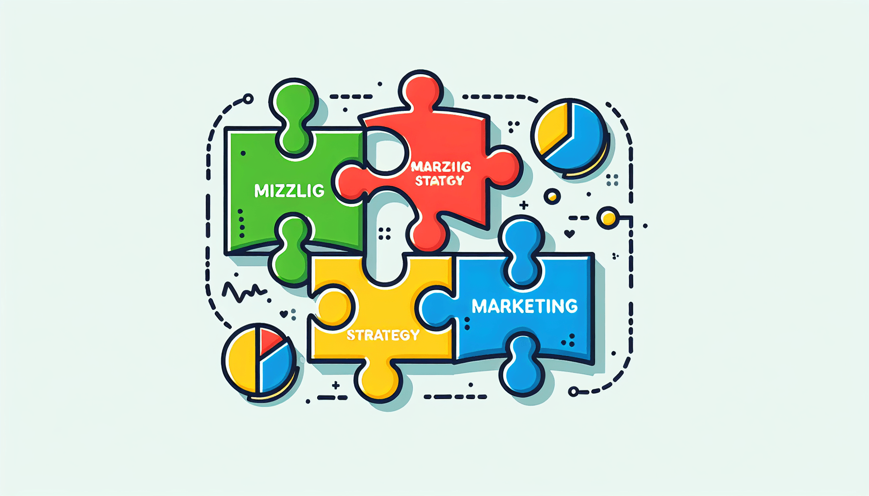 A's of marketing strategy -> Puzzle in flat illustration style and white background, red #f47574, green #88c7a8, yellow #fcc44b, and blue #645bc8 colors.