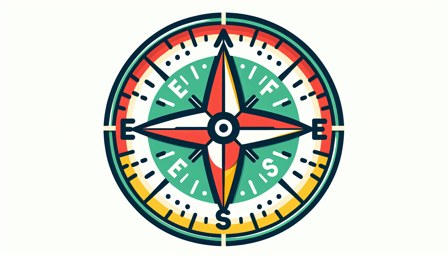 Adventure -> Compass in flat illustration style and white background, red #f47574, green #88c7a8, yellow #fcc44b, and blue #645bc8 colors.