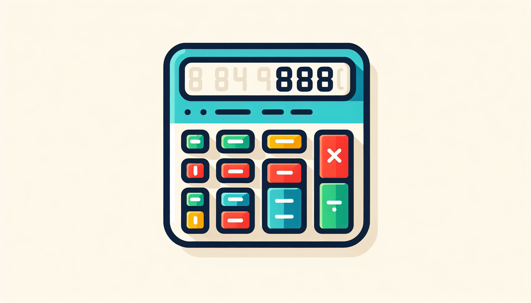 Accounting -> Calculator in flat illustration style and white background, red #f47574, green #88c7a8, yellow #fcc44b, and blue #645bc8 colors.
