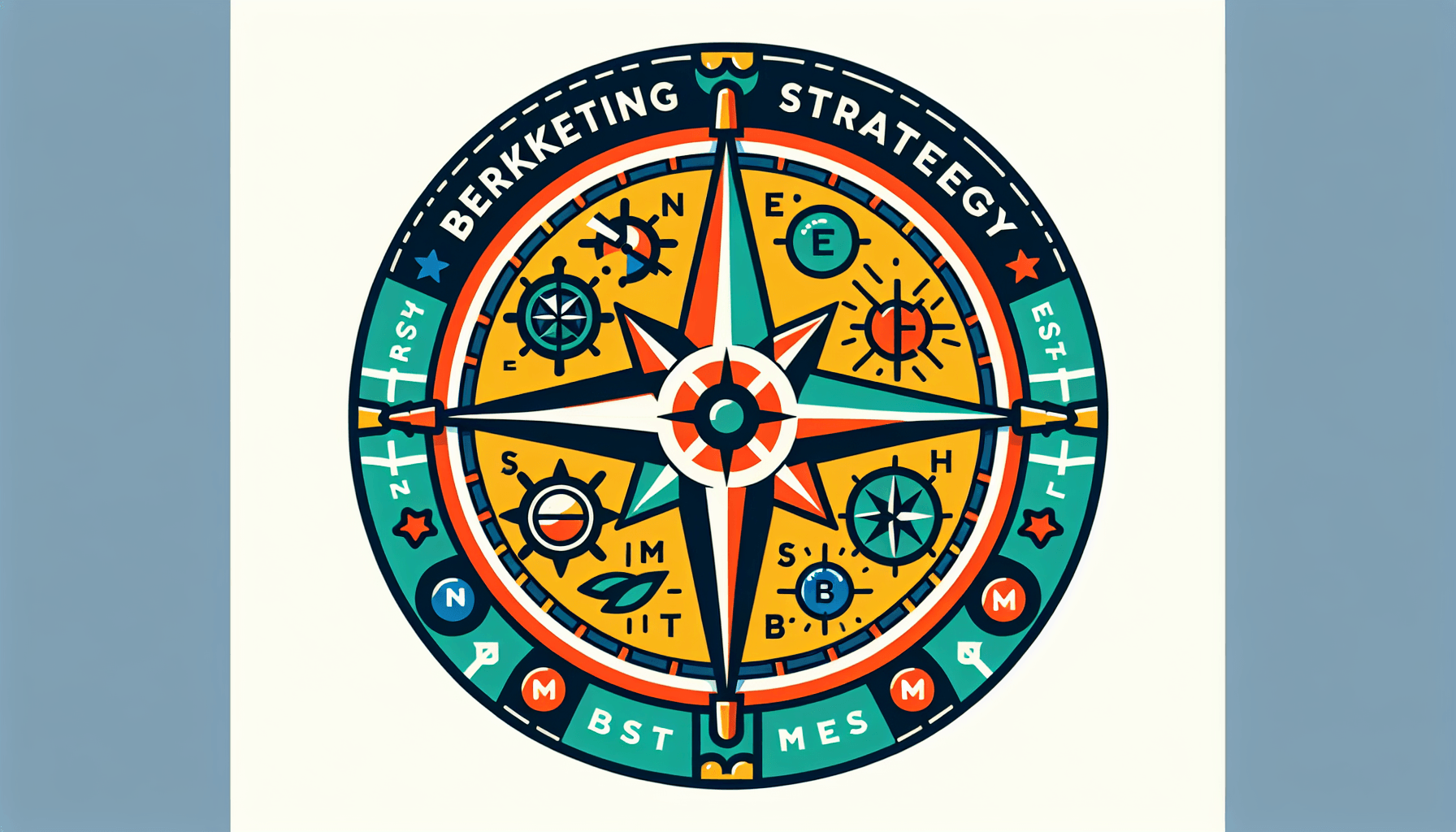 Best marketing strategy -> Compass in flat illustration style and white background, red #f47574, green #88c7a8, yellow #fcc44b, and blue #645bc8 colors.