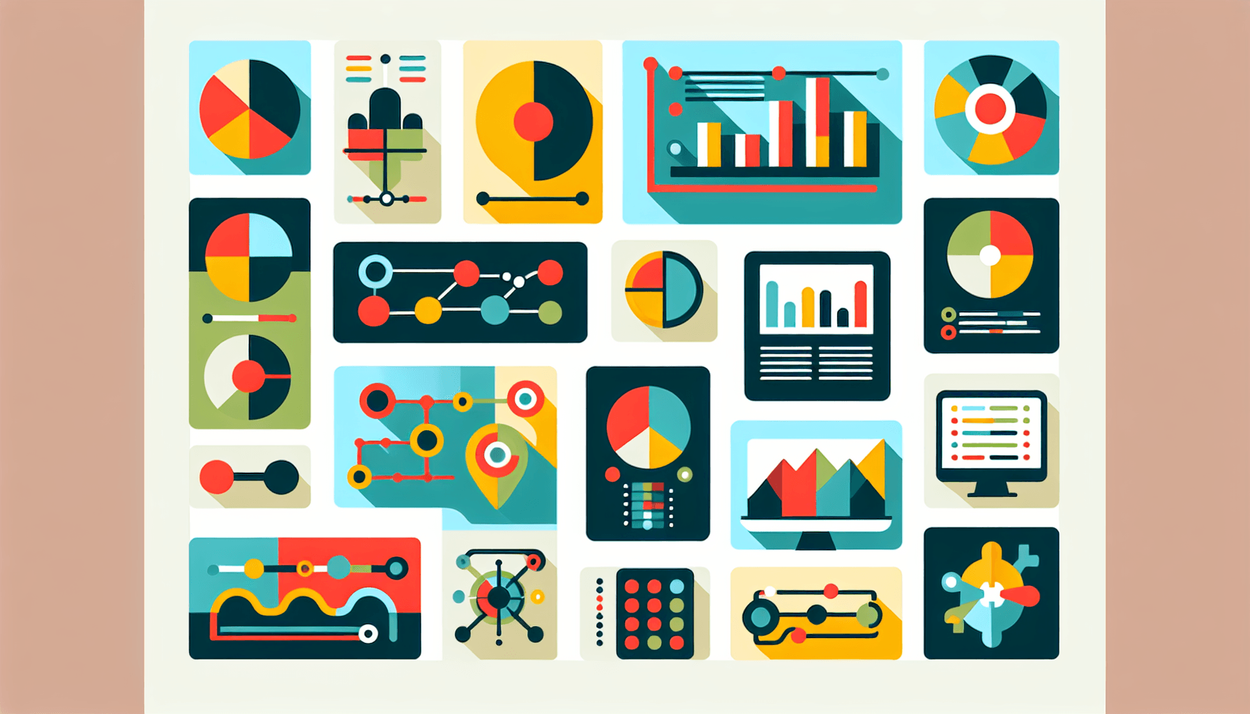 Operations Management skills -> Analytical tools in flat illustration style and white background, red #f47574, green #88c7a8, yellow #fcc44b, and blue #645bc8 colors.