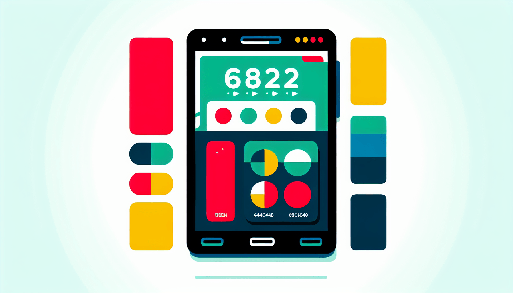 Smart device in flat illustration style and white background, red #f47574, green #88c7a8, yellow #fcc44b, and blue #645bc8 colors.