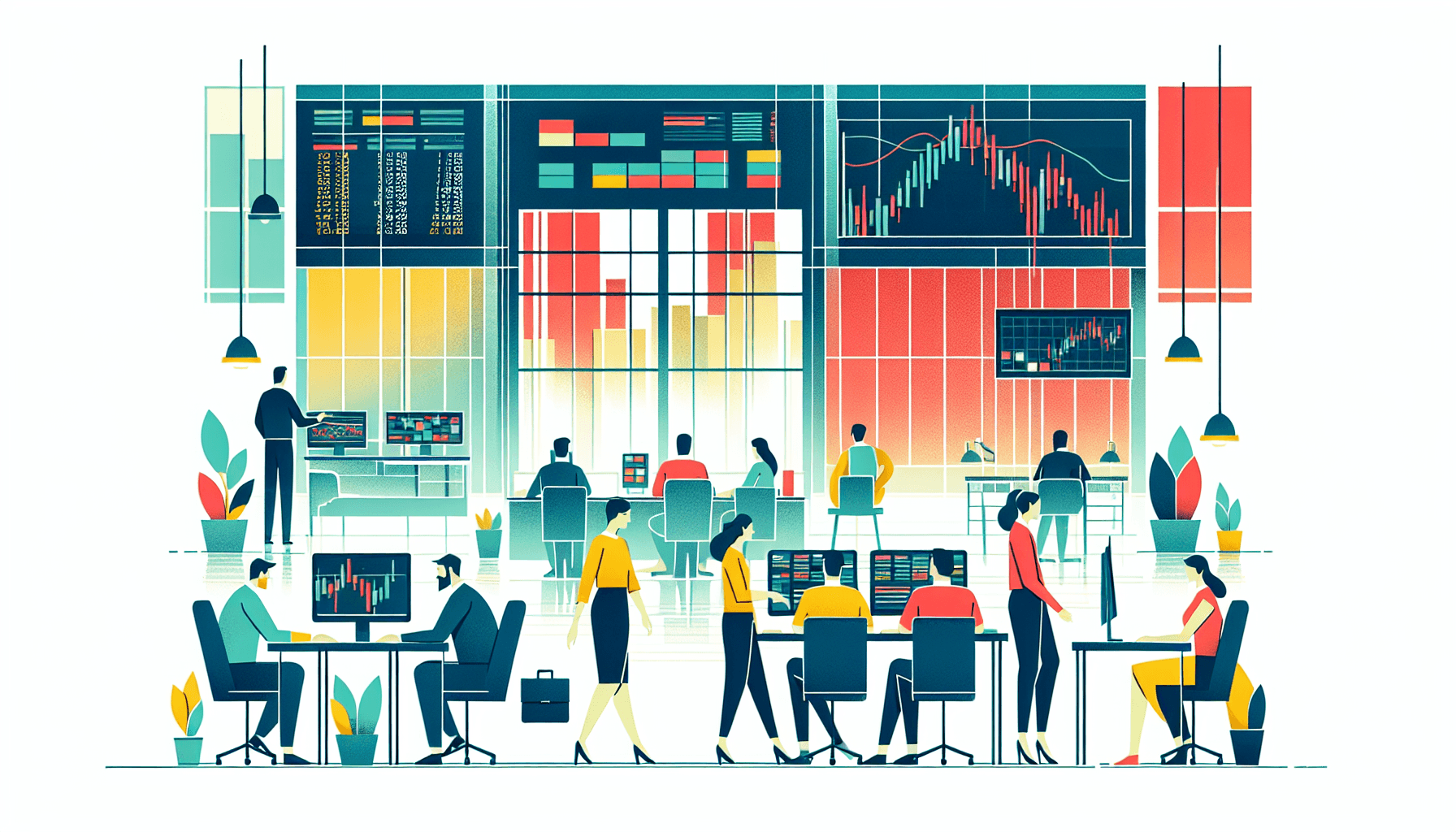 Brokerage firm in flat illustration style and white background, red #f47574, green #88c7a8, yellow #fcc44b, and blue #645bc8 colors.